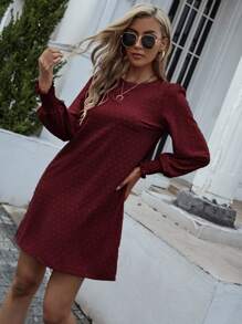 EMERY ROSE 圓點打褶袖口不附腰帶直筒洋裝 - 酒紅色 - 查看 5