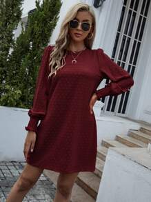 EMERY ROSE 圓點打褶袖口不附腰帶直筒洋裝 - 酒紅色 - 查看 6