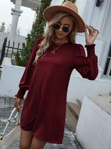 EMERY ROSE 圓點打褶袖口不附腰帶直筒洋裝 - 酒紅色 - 查看 7