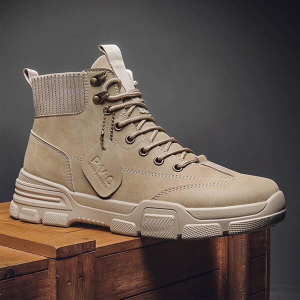 

Men Letter Patch Stitch Detail Lace-up Front Boots, Khaki