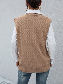 Chaleco de punto unicolor tejido de cable de cuello V - Albaricoque - Ver 2
