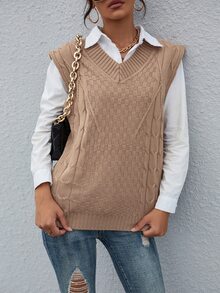 Chaleco de punto unicolor tejido de cable de cuello V - Albaricoque - Ver 4