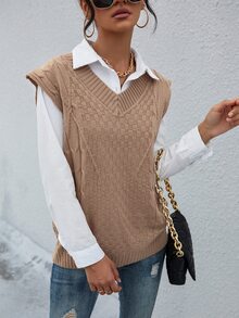 Chaleco de punto unicolor tejido de cable de cuello V - Albaricoque - Ver 7