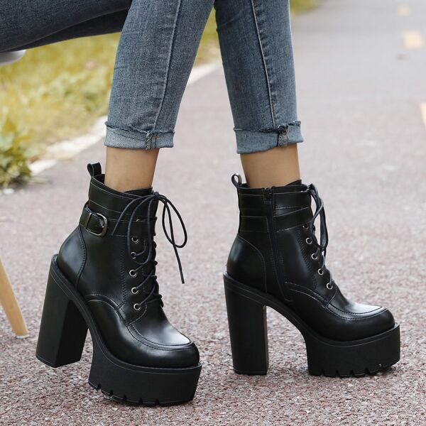 

Buckle Detail Side Zip Platform Combat Boots, Black