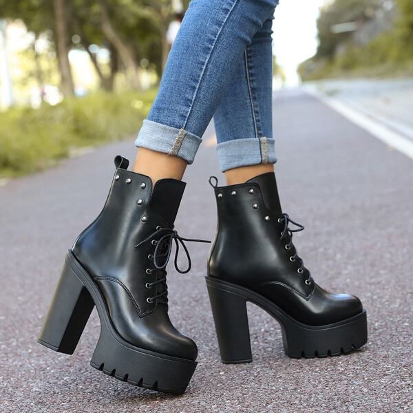 

Studded Decor Lace-up Ultra Heeled Boots, Black