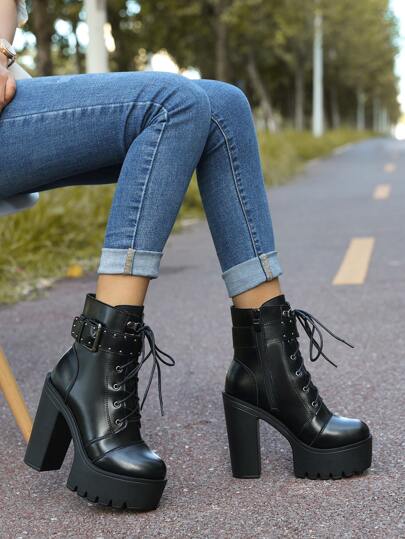 Fall/Winter Women Black Studded & Buckle Decor Lace-Up Boots, Punk Round Toe Platform Combat Boots,Party Outfits