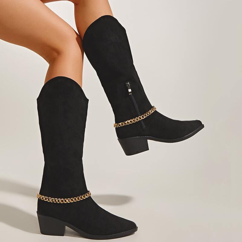 

Chain Decor Chunky Heeled Western Boots, Black