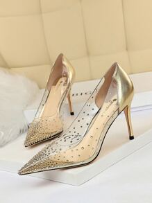 Metallic Rhinestone Decor Clear Court Pumps - Gold - View 1