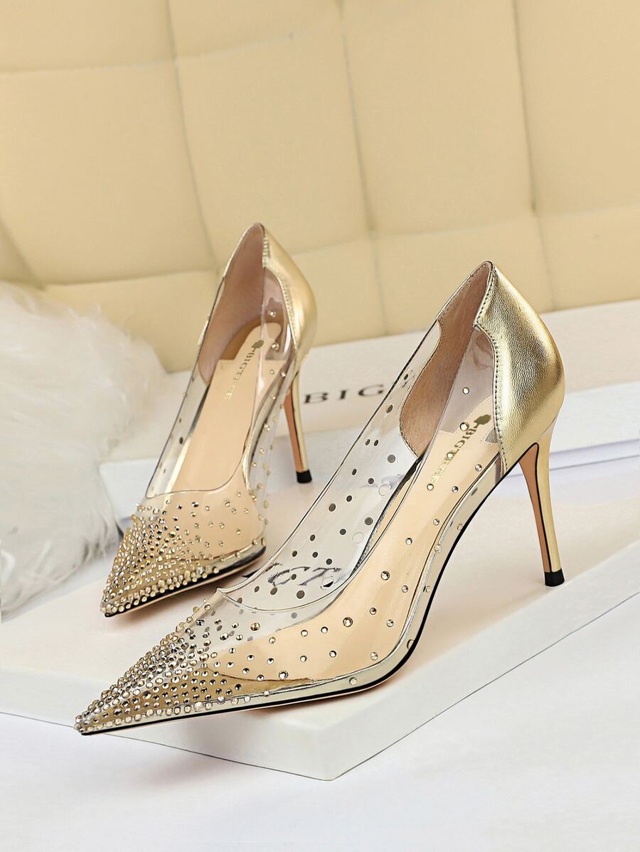Metallic Rhinestone Decor Clear Court Pumps - Gold - View 1