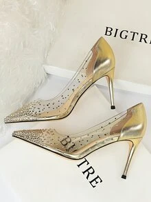 Metallic Rhinestone Decor Clear Court Pumps - Gold - View 4