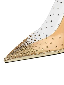 Metallic Rhinestone Decor Clear Court Pumps - Gold - View 5