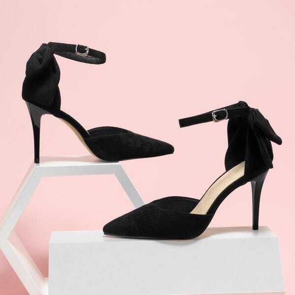 

Bow Decor Stiletto Heeled Ankle Strap Pumps, Black