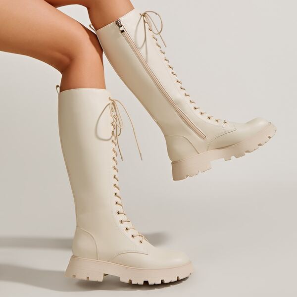 

Lace Up Design Side Zipper Riding Boots, Beige