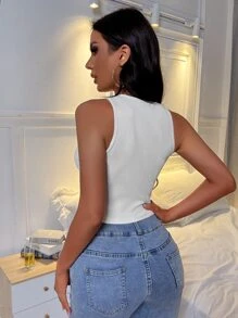 Half O-ring Zipper Crop Tank Top - White - View 2