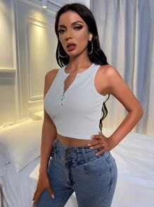 Half O-ring Zipper Crop Tank Top - White - View 5