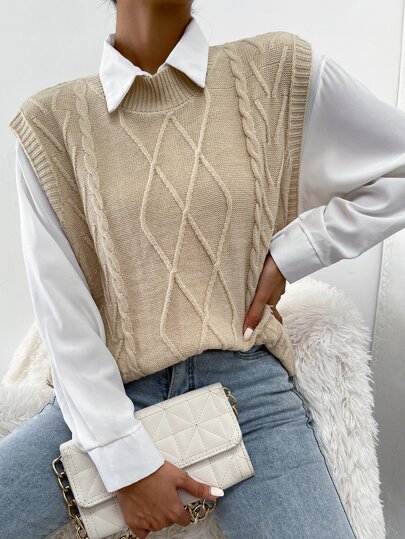 Pull sans manches en tricot losange (sans blouse) SHEIN