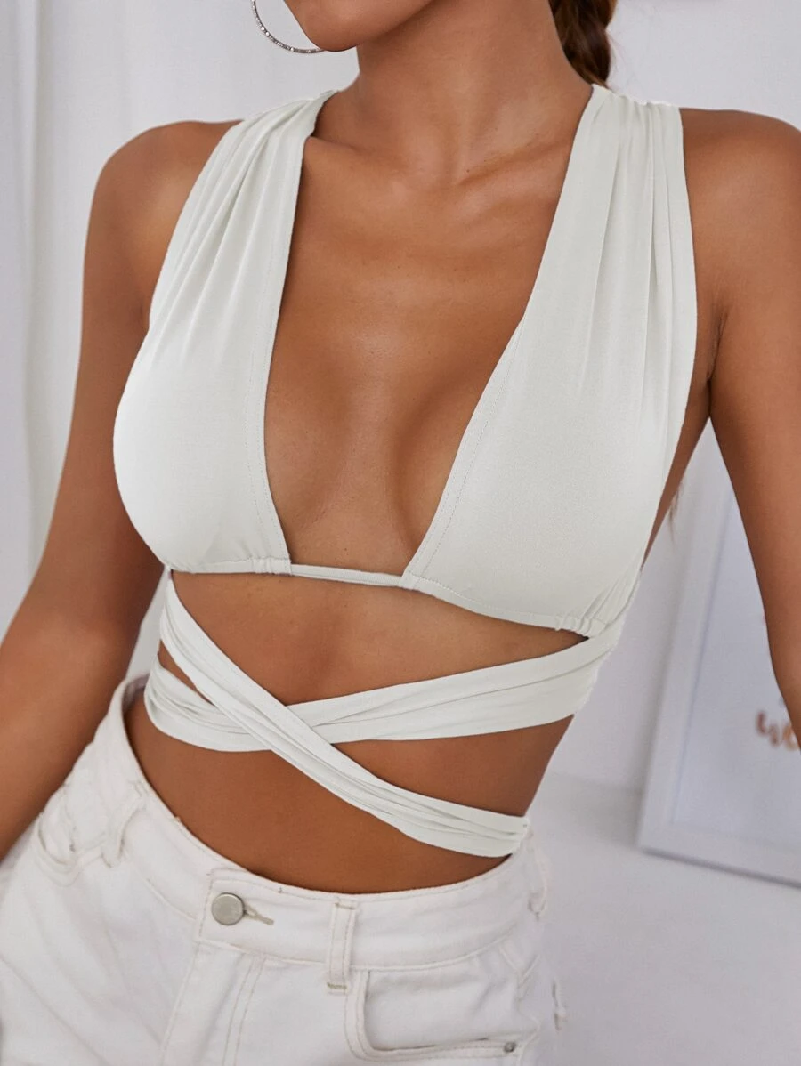 SHEIN SXY 素色十字交叉後綁帶短款上衣 - 白色 - 查看 1
