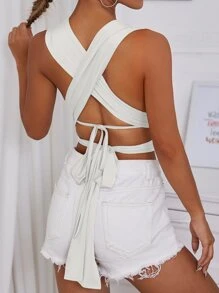 SHEIN SXY 素色十字交叉後綁帶短款上衣 - 白色 - 查看 2