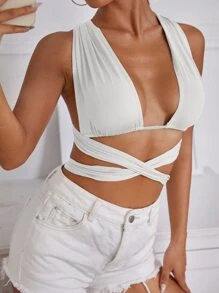 SHEIN SXY 素色十字交叉後綁帶短款上衣 - 白色 - 查看 3