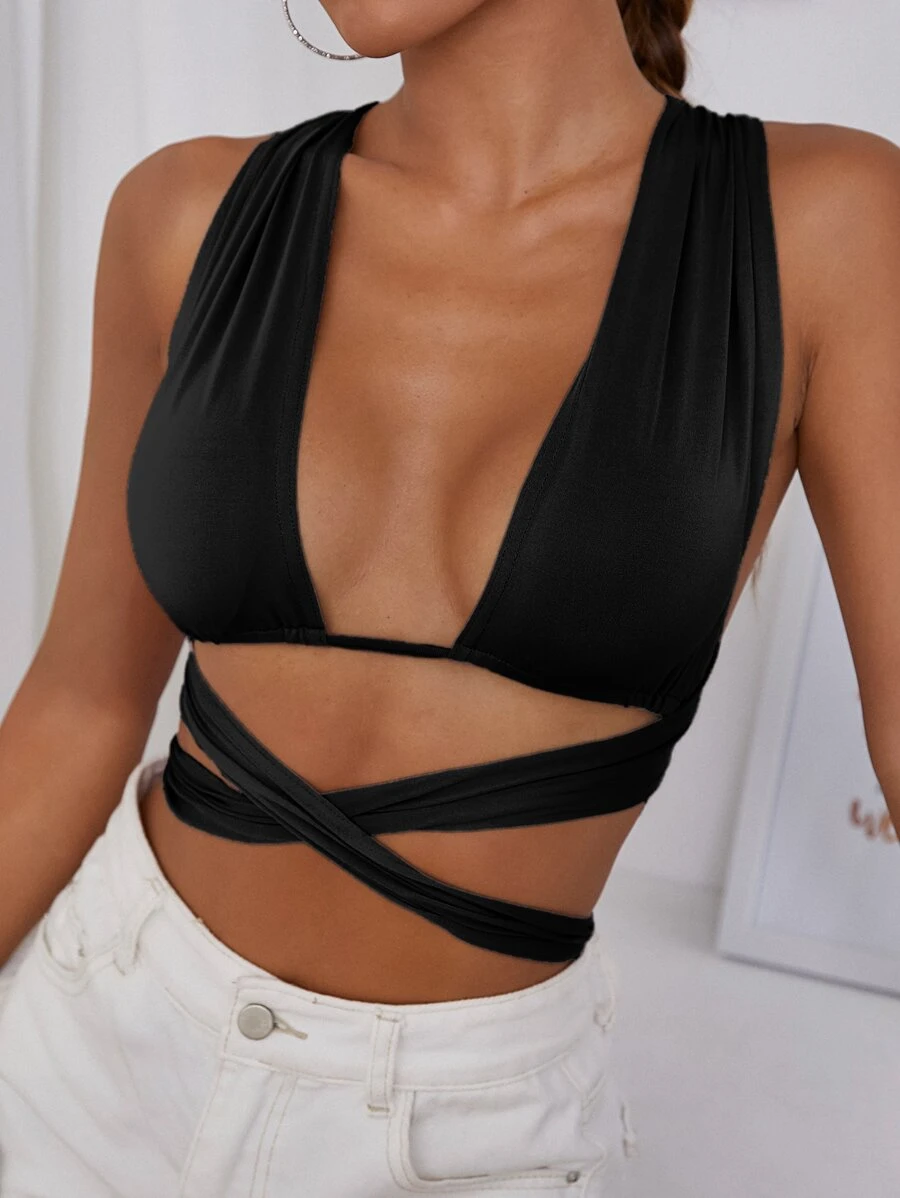 Chiquease Solid Crisscross Tie Back Crop Top - Black - View 1