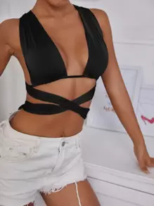 Chiquease Solid Crisscross Tie Back Crop Top - Black - View 4