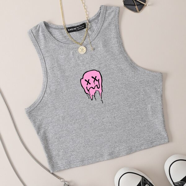

Cartoon Graphic Crop Tank Top, Light grey