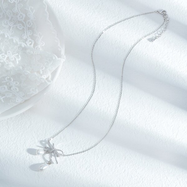 

Zircon Bow Charm Necklace, Silver