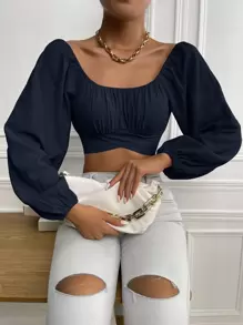 SHEIN Frenchy Ruched Knot Back Crop Blouse - Navy Blue - View 1