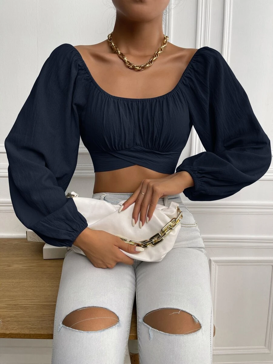 SHEIN Frenchy Ruched Knot Back Crop Blouse - Navy Blue - View 1