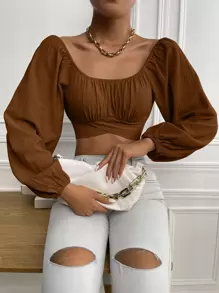Chiquease Ruched Knot Back Crop Milkmaid Blouse Fall Cloth For Women - Coffee Brown - View 1