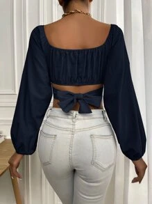SHEIN Frenchy Ruched Knot Back Crop Blouse - Navy Blue - View 2