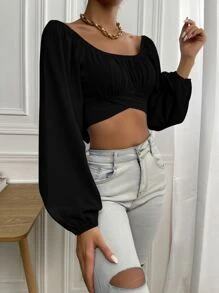 Breezaya Blusa corta de manga larga con pliegues y nudo en la espalda - Negro - Ver 3