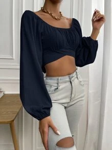 SHEIN Frenchy Ruched Knot Back Crop Blouse - Navy Blue - View 3