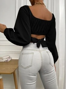 Breezaya Blusa corta de manga larga con pliegues y nudo en la espalda - Negro - Ver 4