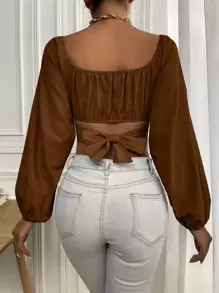 Chiquease Ruched Knot Back Crop Milkmaid Blouse Fall Cloth For Women - Coffee Brown - View 2