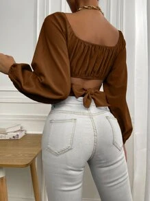 Chiquease Ruched Knot Back Crop Milkmaid Blouse Fall Cloth For Women - Coffee Brown - View 3
