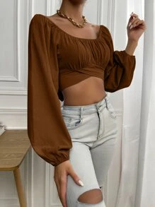 Chiquease Ruched Knot Back Crop Milkmaid Blouse Fall Cloth For Women - Coffee Brown - View 4