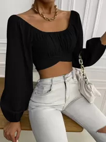 Breezaya Blusa corta de manga larga con pliegues y nudo en la espalda - Negro - Ver 7