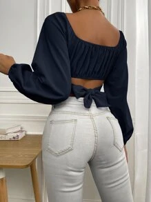 SHEIN Frenchy Ruched Knot Back Crop Blouse - Navy Blue - View 6