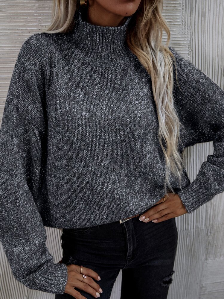 SHEIN LUNE High Neck Drop Shoulder Sweater Knit Pullover Fall Winter Outfit - Dark Grey - View 2