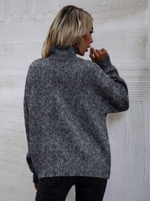 SHEIN LUNE High Neck Drop Shoulder Sweater Knit Pullover Fall Winter Outfit - Dark Grey - View 3