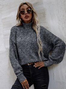 SHEIN LUNE High Neck Drop Shoulder Sweater Knit Pullover Fall Winter Outfit - Dark Grey - View 4