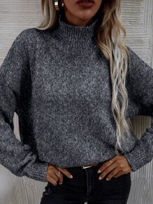 SHEIN LUNE High Neck Drop Shoulder Sweater Knit Pullover Fall Winter Outfit - Dark Grey - View 5