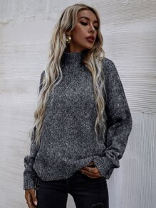 SHEIN LUNE High Neck Drop Shoulder Sweater Knit Pullover Fall Winter Outfit - Dark Grey - View 7