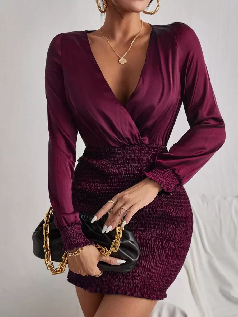 Chiquease Surplice Neck Shirred Frill Trim Bodycon Dress - Maroon - View 1