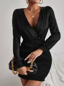 Chiquease Surplice Neck Shirred Frill Trim Bodycon Dress - Black - View 1