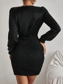 Chiquease Surplice Neck Shirred Frill Trim Bodycon Dress - Black - View 2