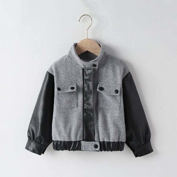 

Toddler Girls Flap Pocket PU Leather Panel Jacket, Grey
