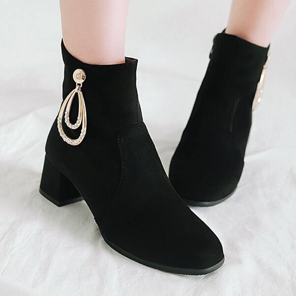 

Metal Decor Suede Side Zipper Classic Boots, Black