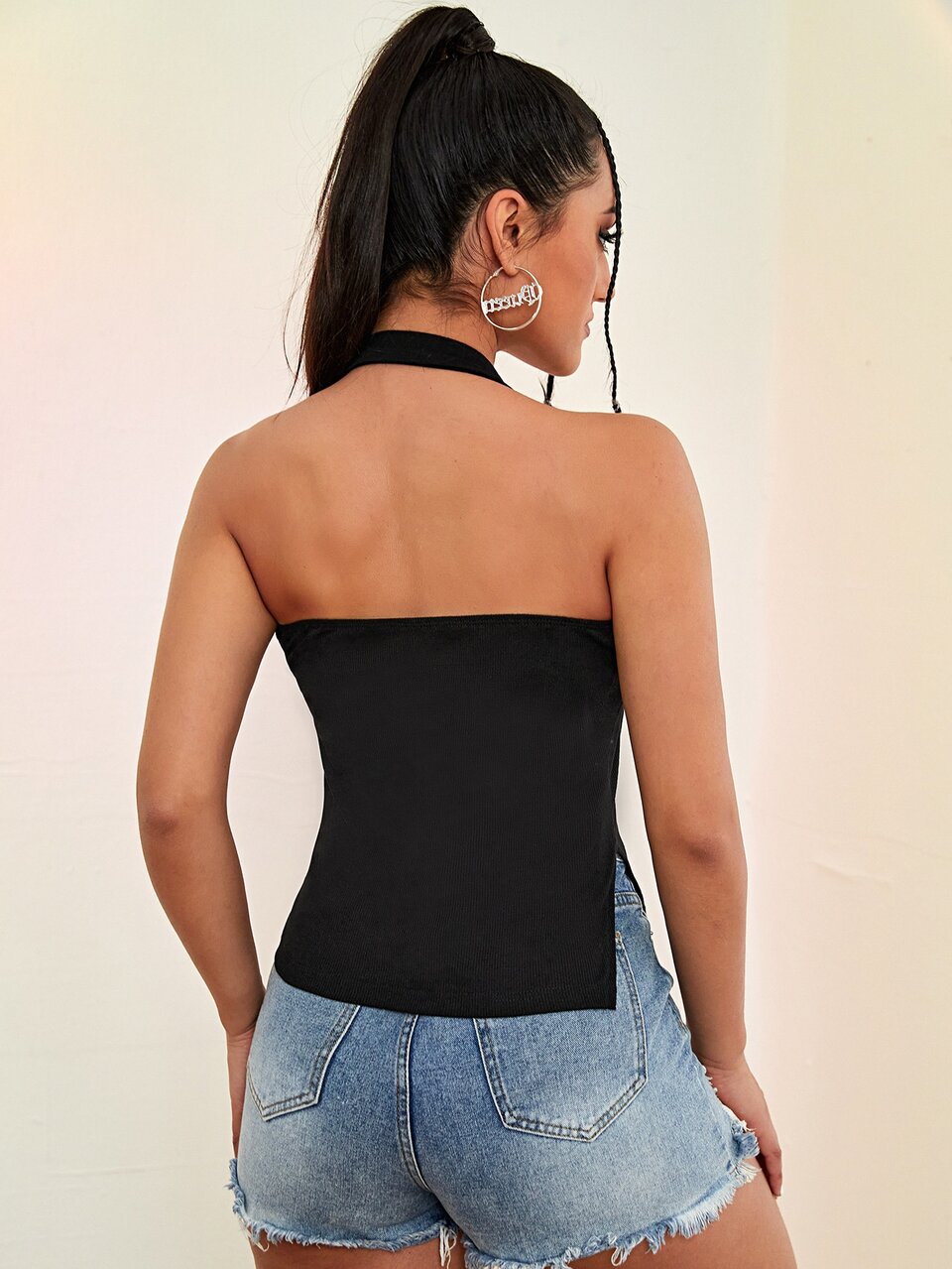 O-ring Detail Slit Hem Halter Crop Top